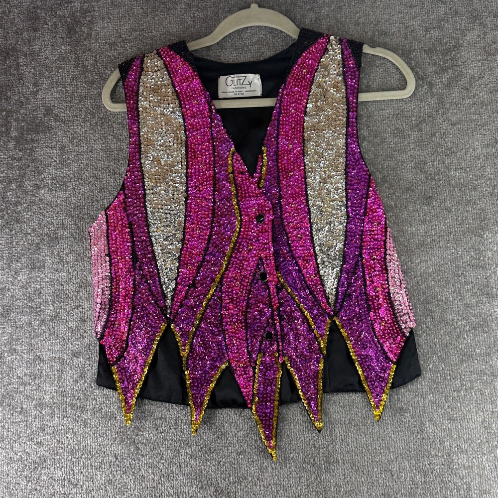 Vtg Glitzy Fashions Bali Handmade Sequin Vest Pink Beaded Festival Costume 90s M - Picture 1 of 15
